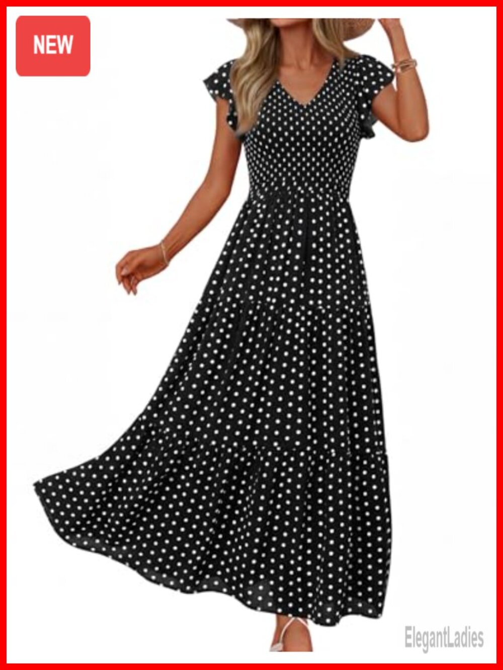Women's Summer Flutter Sleeve Smocked Casual Midi Dress
